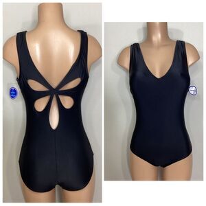 New. Black v-neck body sculpting swimsuit. Size 10